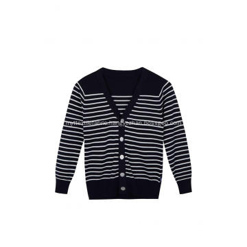 Boy's Knitted Buttoned White Black Stripe School Cardigan